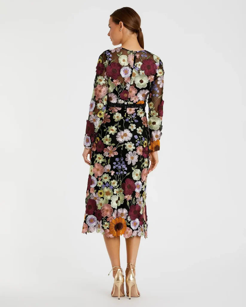 Weitese Dress Multicolor Floral Embroidered A-Line Midi Dress Evening Dress Long Sleeves Illusion High Neck Prom Dress
